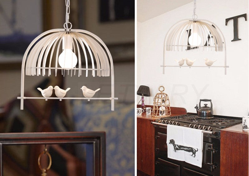 White Iron birdcage and birds pendant LED light