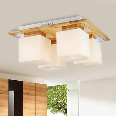 Oak and Glass LED Ceiling Lamp With 4 Lights