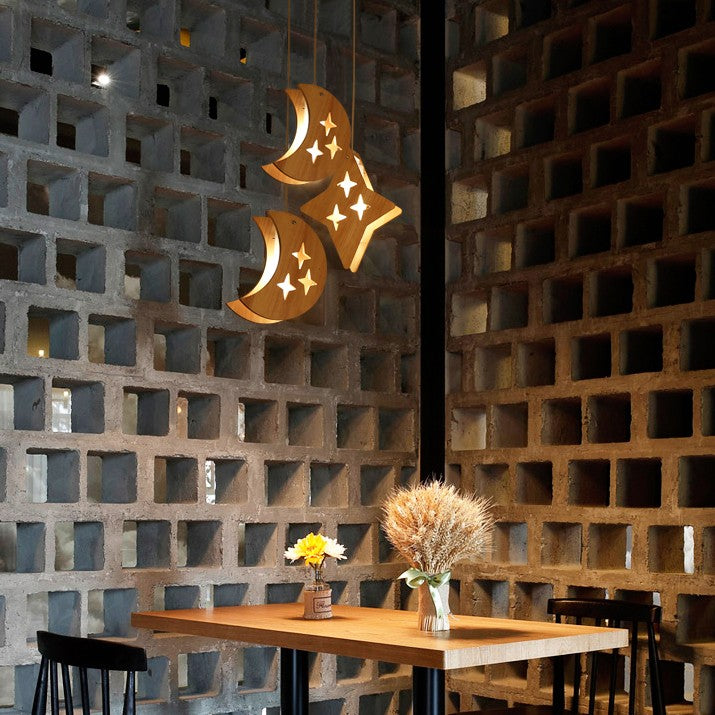 Wooden moon and stars pendant lights