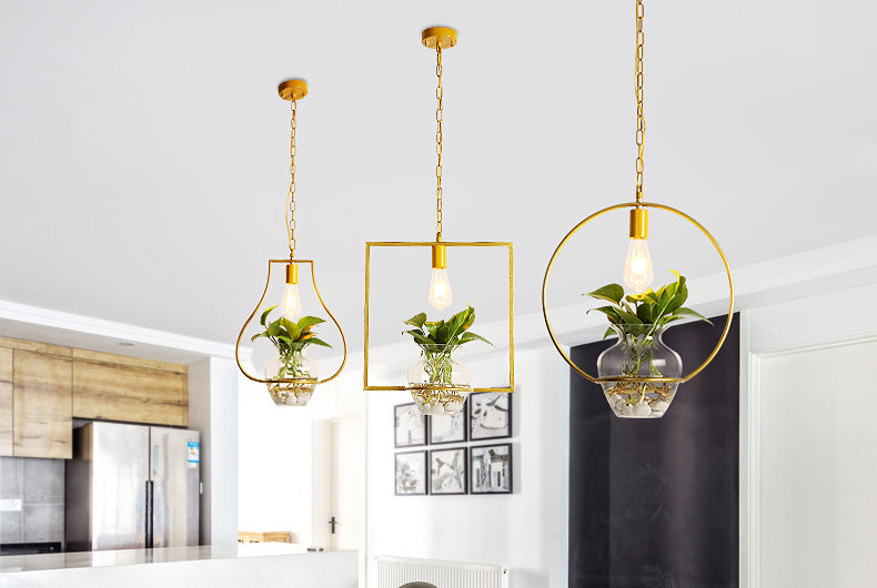 Metal and glass hanging light for living plants